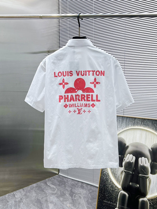 CAMICIA LV A MANICHE CORTE IN COTONE BIANCO CON LOGO ROSA 238814