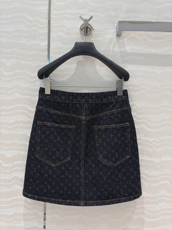 LV 25 Monogram Jacquard Logo Denim Skirt Black Cotton