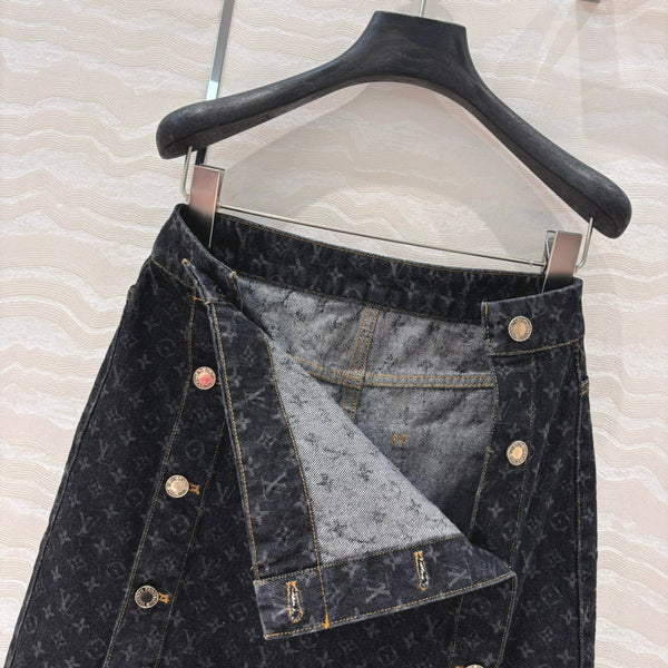 LV 25 Monogram Jacquard Logo Denim Skirt Black Cotton