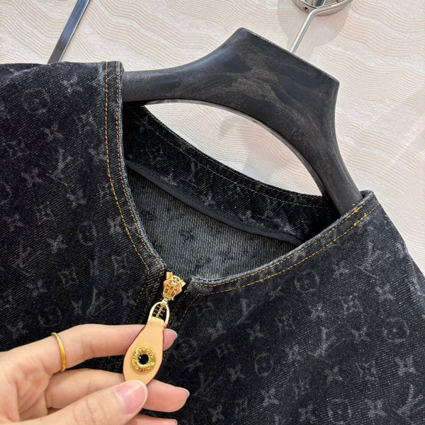 LV 25 Monogram Jacquard Logo Denim Dress Black Cotton