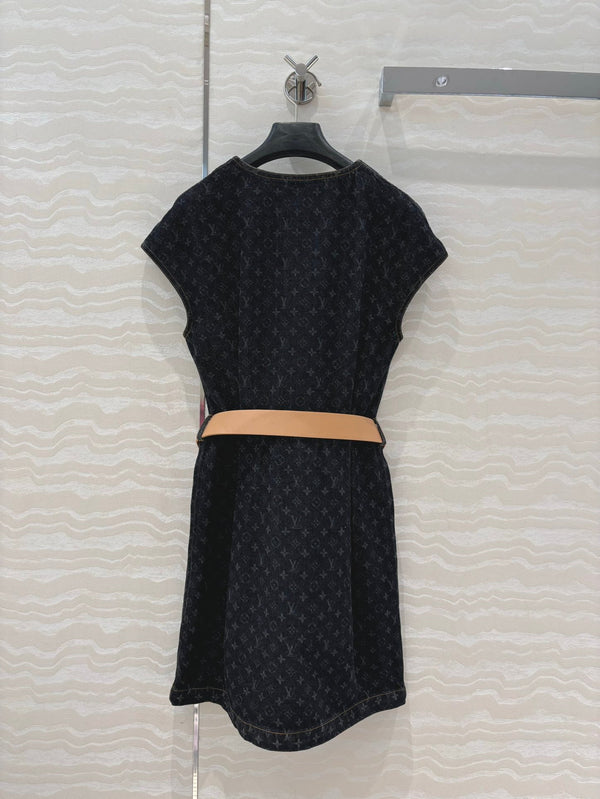 LV 25 Monogram Jacquard Logo Denim Dress Black Cotton