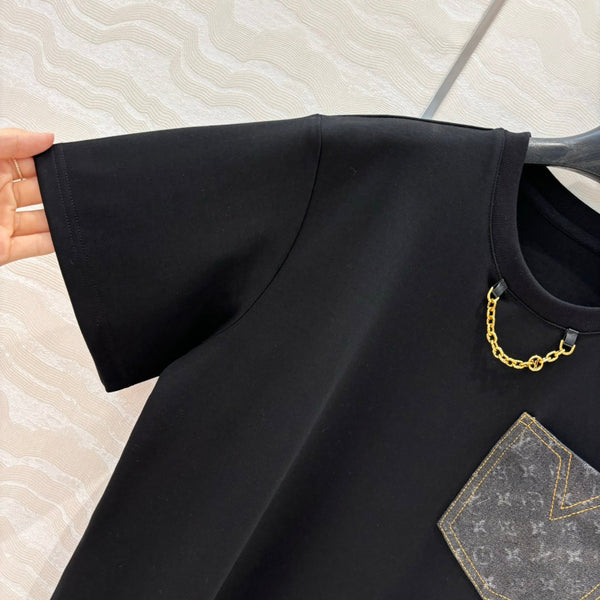 LV 25 Monogram Jacquard Logo Denim T-shirt Black Cotton