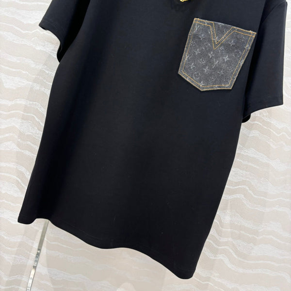 LV 25 Monogram Jacquard Logo Denim T-shirt Black Cotton