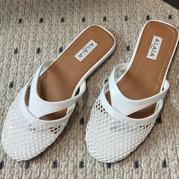 Alaia 25 Infradito Fishnet Flat Mules White Lampskin 303706