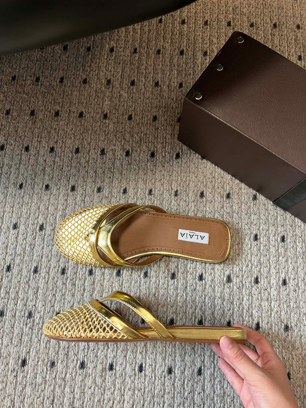 Alaia 25 Infradito Fishnet Flat Mules Gold Lampskin 303709
