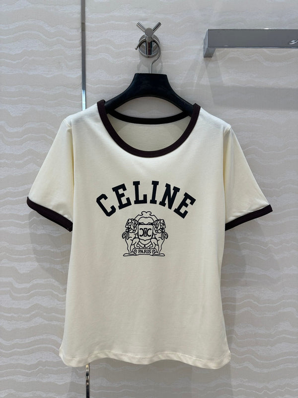 Celine 25 Arc de Triomphe Letter Short Sleeve T-shirt Off-white mix Black Cotton