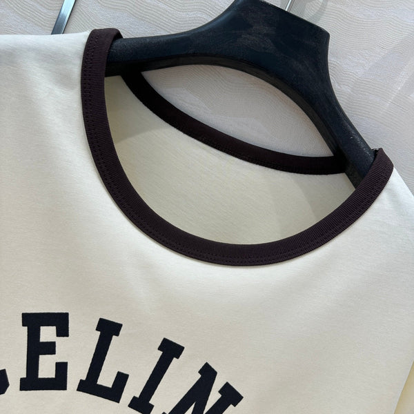 Celine 25 Arc de Triomphe Letter Short Sleeve T-shirt Off-white mix Black Cotton