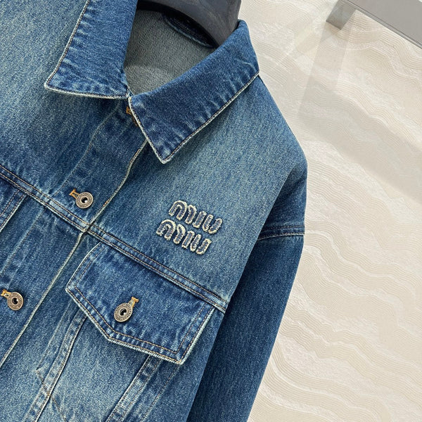 Miu Miu Plaid Denim Jacket Blue Cotton