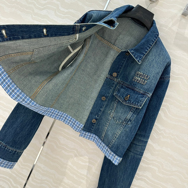 Miu Miu Plaid Denim Jacket Blue Cotton