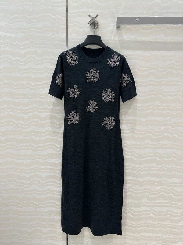 Fendi Beaded Flower Knitted Dress Black Gray Wool