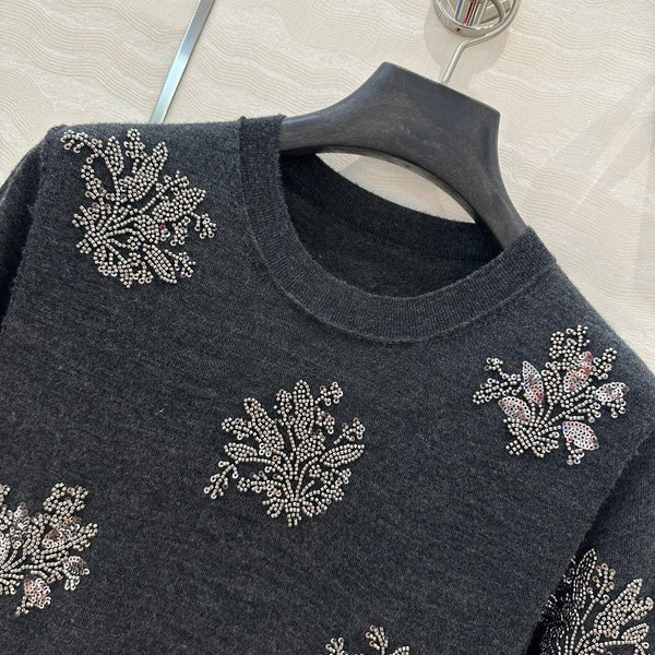 Fendi Beaded Flower Knitted Dress Black Gray Wool