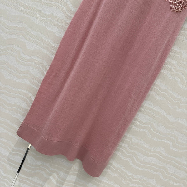 Fendi Beaded Flower Knitted Dress Pink Wool