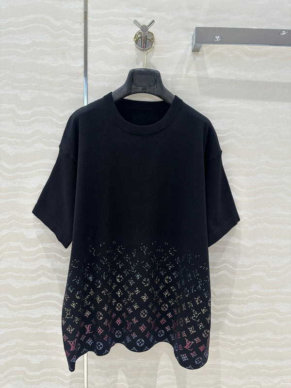 LV Short-Sleeved Knit Sweater Shirt White Black Cotton