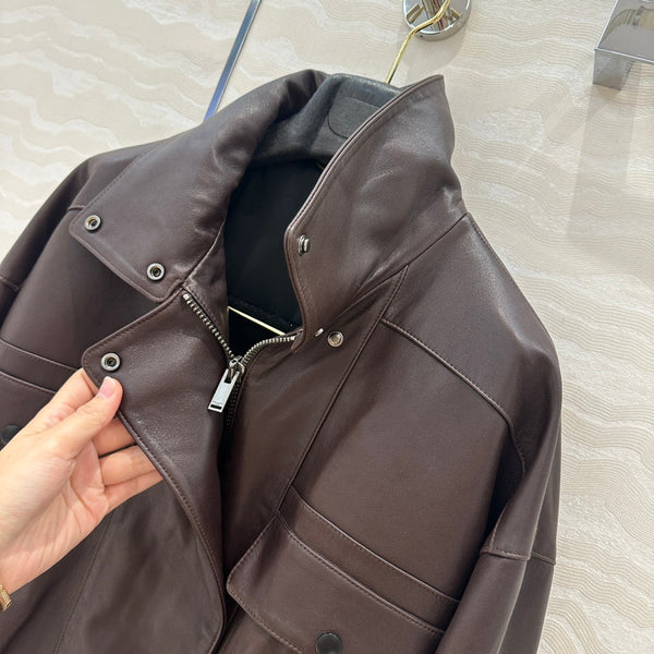 Giacca YSL Double Pocket Silhouette in pelle di agnello marrone