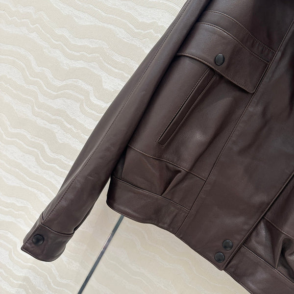 Giacca YSL Double Pocket Silhouette in pelle di agnello marrone