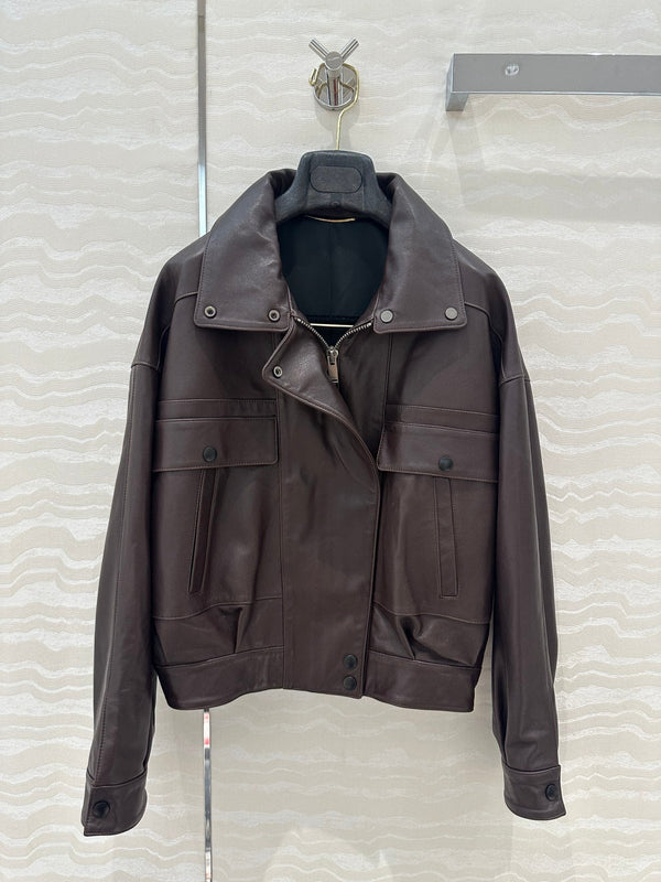 Giacca YSL Double Pocket Silhouette in pelle di agnello marrone