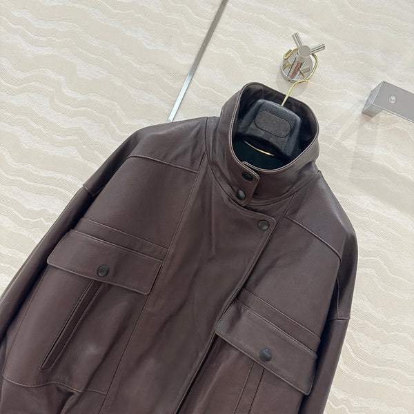 Giacca YSL Double Pocket Silhouette in pelle di agnello marrone