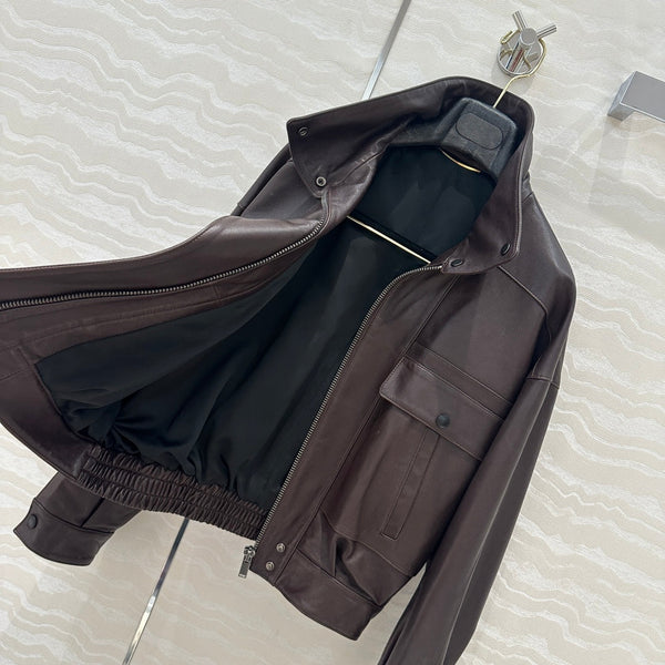 Giacca YSL Double Pocket Silhouette in pelle di agnello marrone