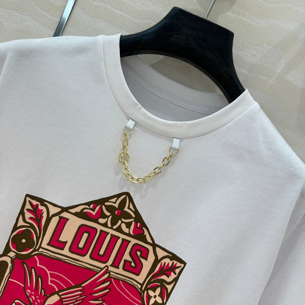 Motivo floreale LV combinato con uccelli in volo in cotone bianco e rosa