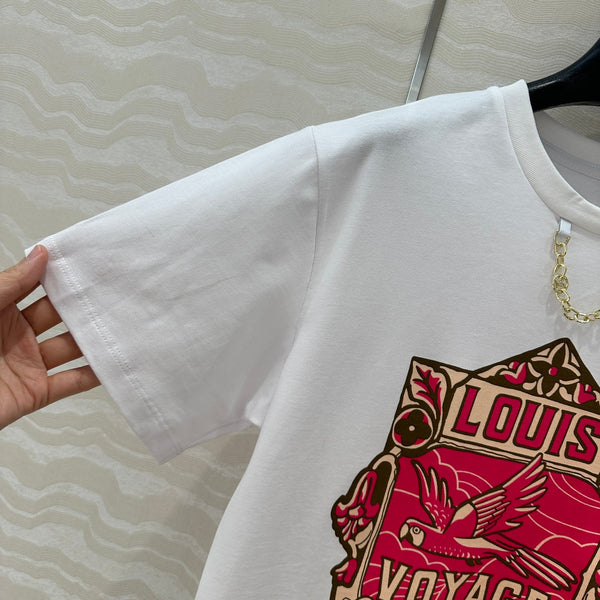 Motivo floreale LV combinato con uccelli in volo in cotone bianco e rosa