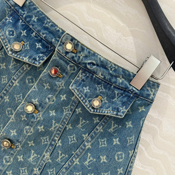 LV Bear Border Denim Skirt Blue Cotton