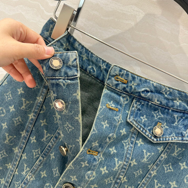 LV Bear Border Denim Skirt Blue Cotton