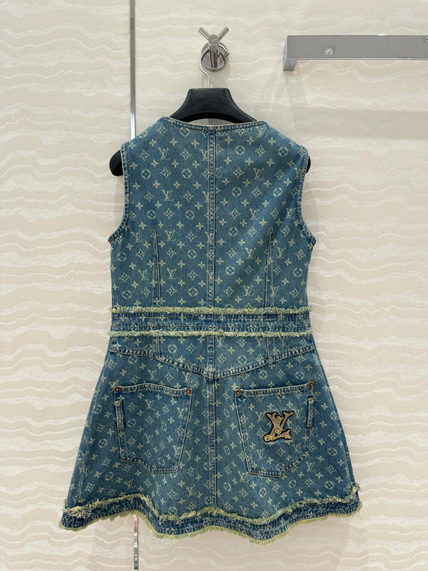 LV Hair Edge Craftsmanship Denim Dress Blue Cotton