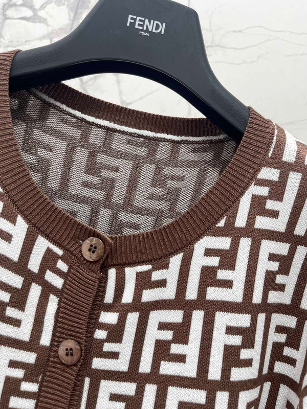 Fendi Double f Letter Knitted Cardigan Brown Wool