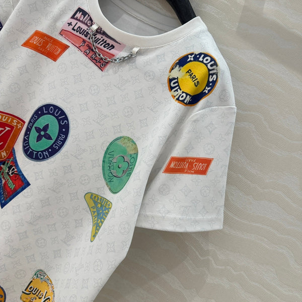 LV Pattern Logo Positioning Poster Badge Printed T-shirt White Cotton