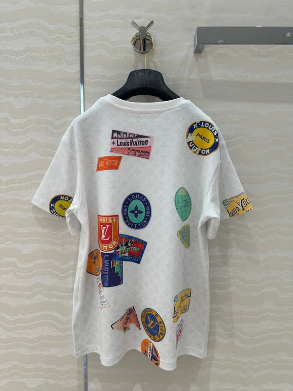 LV Pattern Logo Positioning Poster Badge Printed T-shirt White Cotton