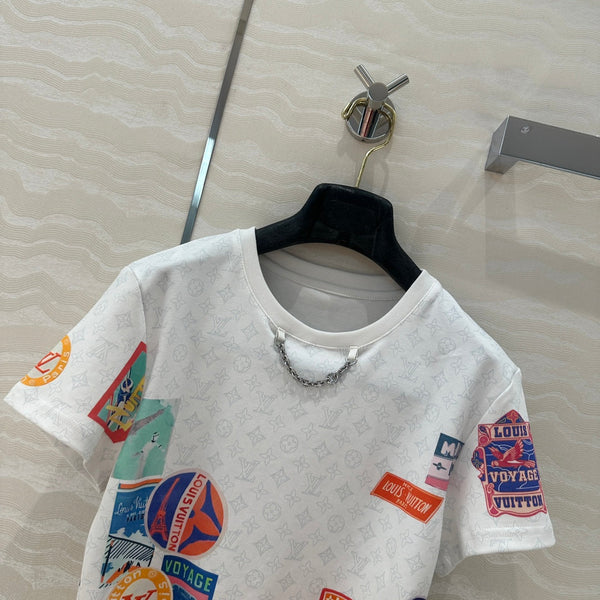 LV Pattern Logo Positioning Poster Badge Printed Croptop Shirt White Cotton