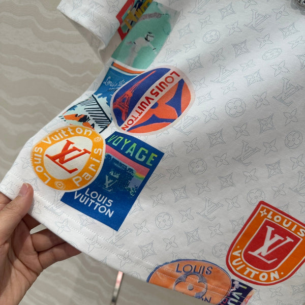 LV Pattern Logo Positioning Poster Badge Printed Croptop Shirt White Cotton