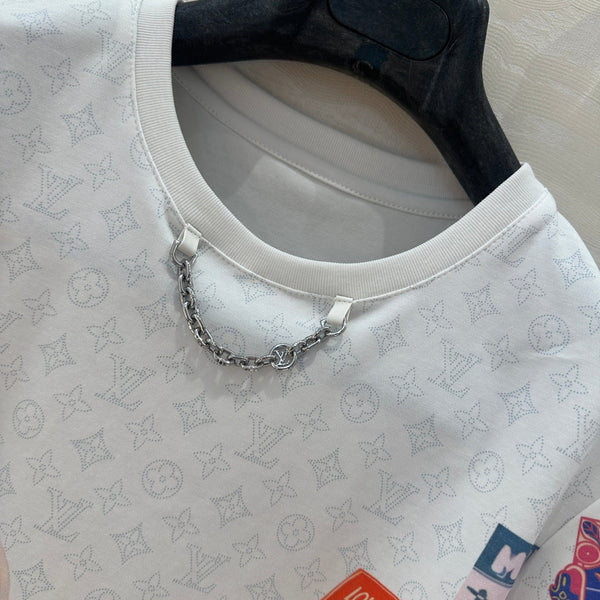 LV Pattern Logo Positioning Poster Badge Printed Croptop Shirt White Cotton