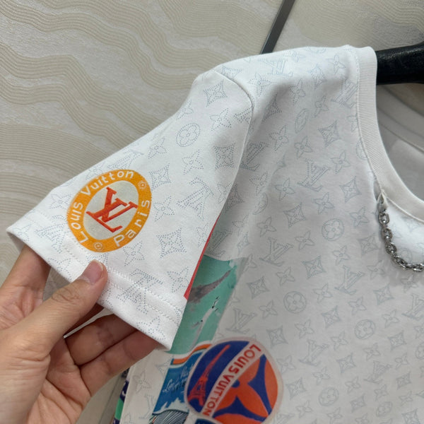 LV Pattern Logo Positioning Poster Badge Printed Croptop Shirt White Cotton