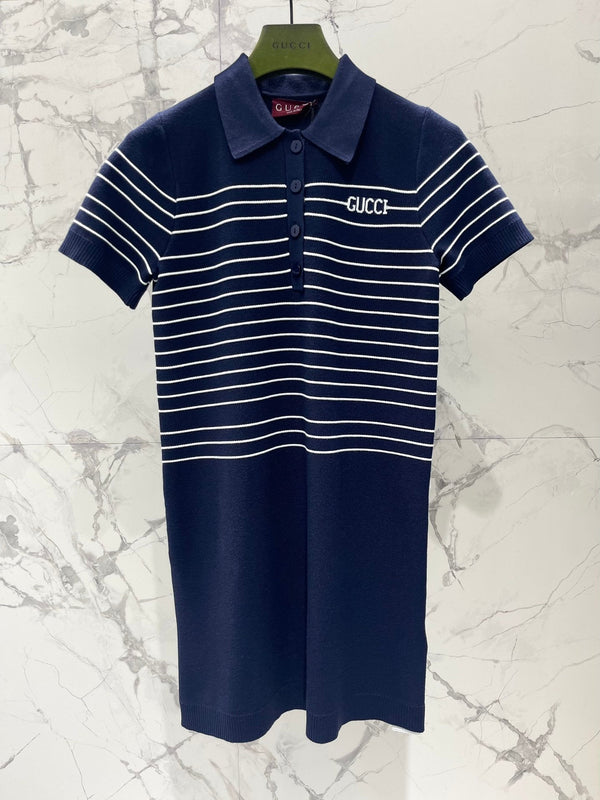 Gucci Polo Shirt Dress Blue White Wool