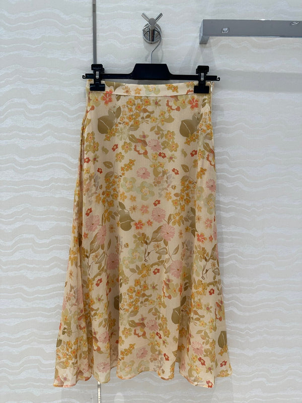 Celine Floral Long Skirt Light Beige Silk