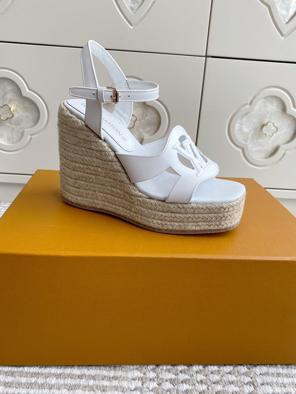 LV Letter Hollow Straw Wedge Sandals 11.5cm White Cowhide 291573