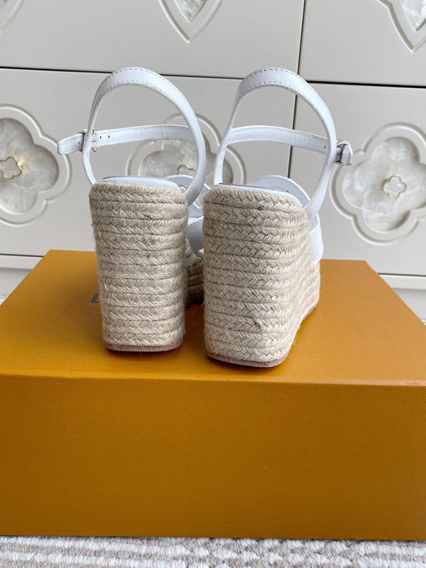 LV Letter Hollow Straw Wedge Sandals 11.5cm White Cowhide 291573