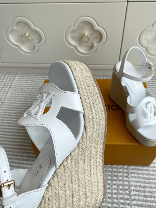 LV Letter Hollow Straw Wedge Sandals 11.5cm White Cowhide 291573