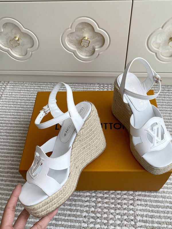 LV Letter Hollow Straw Wedge Sandals 11.5cm White Cowhide 291573