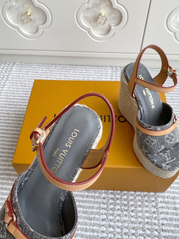 LV Grey Denim Monogram Wedge Sandals 11.5cm Grey Sheepskin Lining 291578