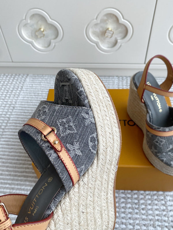 LV Grey Denim Monogram Wedge Sandals 11.5cm Grey Sheepskin Lining 291578
