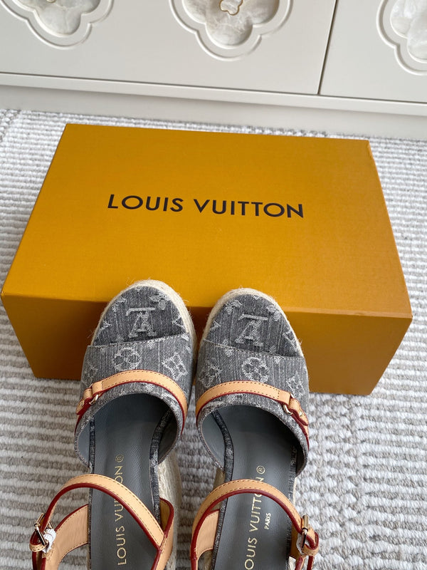 LV Grey Denim Monogram Wedge Sandals 11.5cm Grey Sheepskin Lining 291578