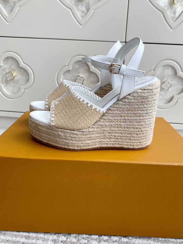 LV Beige·Raffia Straw Wedge Sandals 11.5cm White Lining Leather 291584