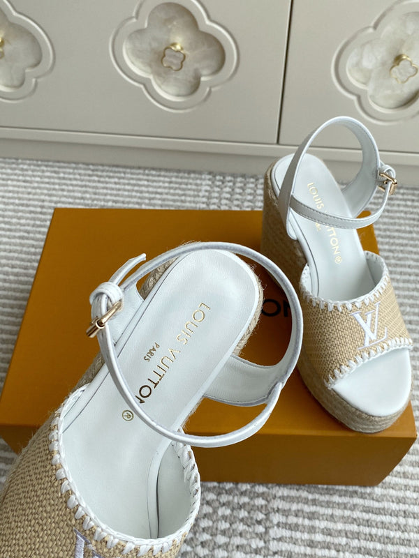 LV Beige·Raffia Straw Wedge Sandals 11.5cm White Lining Leather 291584