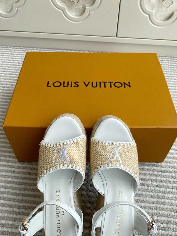 LV Beige·Raffia Straw Wedge Sandals 11.5cm White Lining Leather 291584