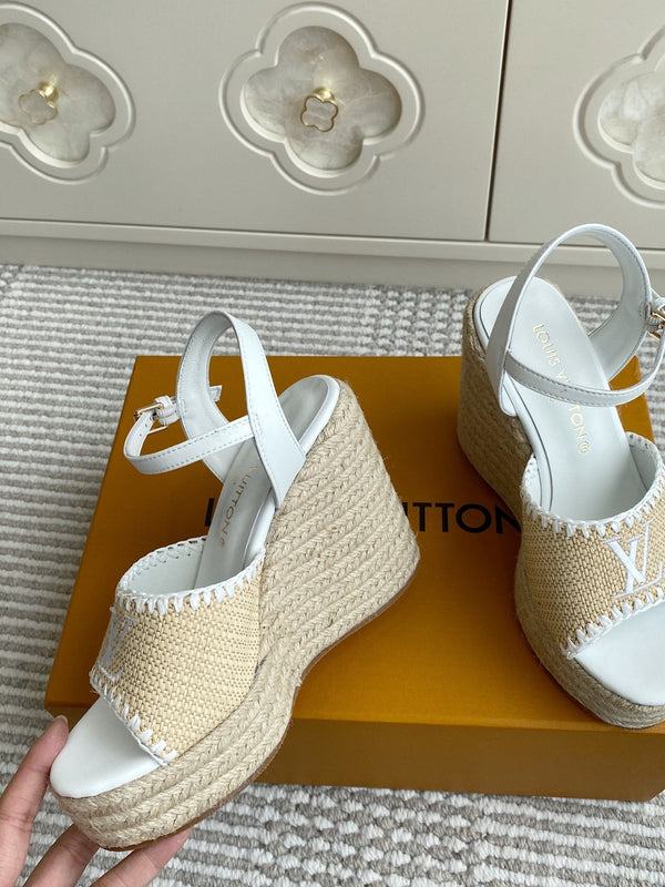 LV Beige·Raffia Straw Wedge Sandals 11.5cm White Lining Leather 291584