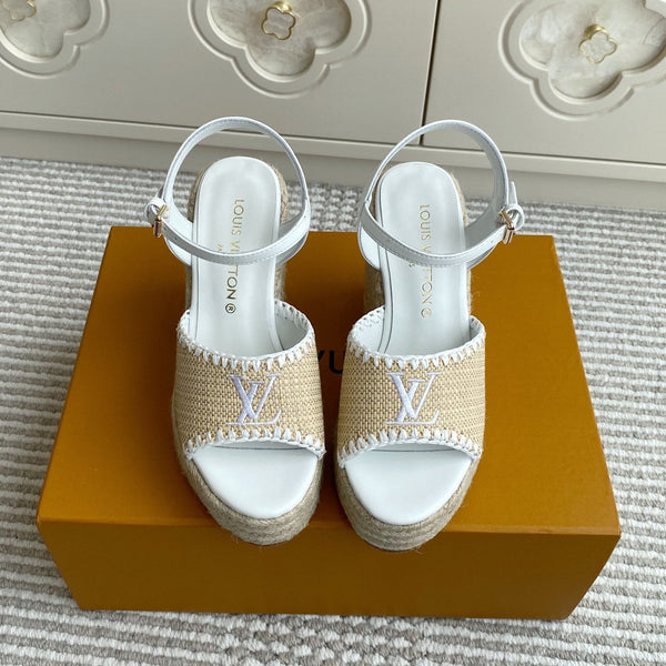 LV Beige·Raffia Straw Wedge Sandals 11.5cm White Lining Leather 291584