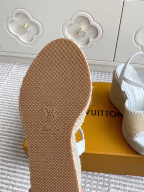 LV Beige·Raffia Straw Wedge Sandals 11.5cm White Lining Leather 291584