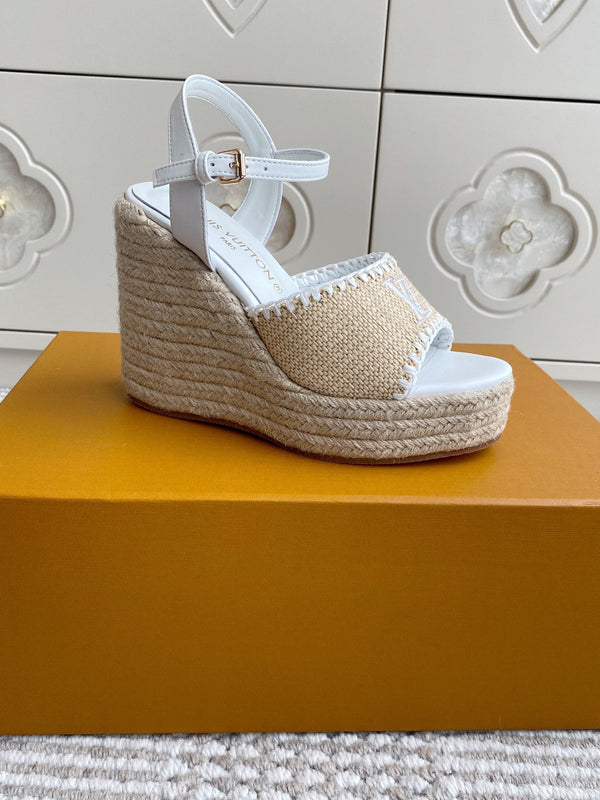LV Beige·Raffia Straw Wedge Sandals 11.5cm White Lining Leather 291584